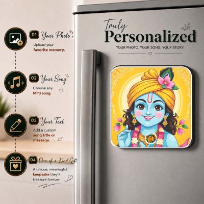 Lord Krishna Musical Fridge Magnet Spiritual Song Playing Frame Gift for Pooja Room, Office & Home Decor | Devotional Audio Player for Home, Temple & Meditation Peace & Positivity